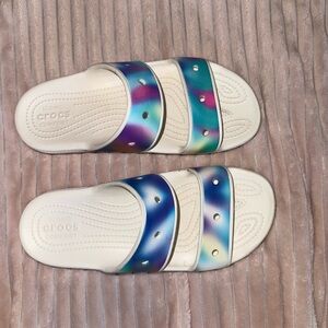 Crocs Two Strap Slides Rainbow Iridescent White Womens Size  9